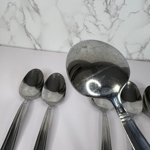 Set of 6 Pfaltzgraff Miranda Glossy Soup Spoons – 8" Beaded, Square Handle‎ - Picture 6 of 11